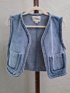 V87. Braided Trim Acid Wash Denim Vest